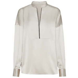 brunello cucinelli stretch silk satin blouse with shiny plastron