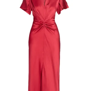 victoria beckham – satin gathered v neck midi dress