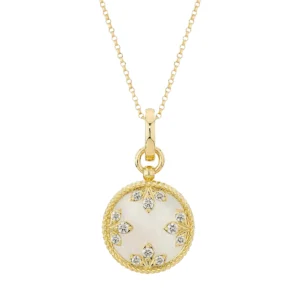 roberto coin – venetian medallion 18k yellow gold, mother of pearl & 0.29 tcw diamond pendant necklace