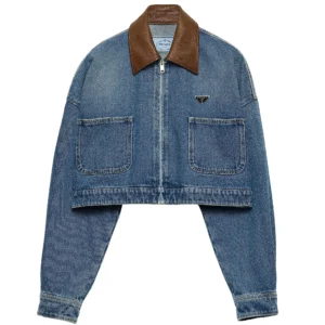 cropped denim blouson with contrast leather collar