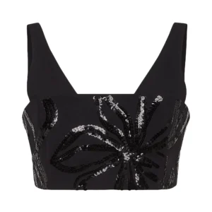 black sequin floral v neck crop top