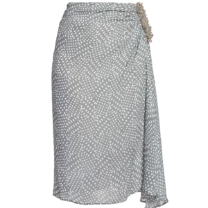 grey dotted asymmetrical draped midi skirt with embellished closure