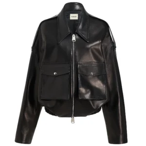 khaite black oversized leather bomber jacket with utility pockets